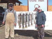 Travis Schantz and I started the 2005 open-water fishing season on Fort Peck on March 26.  We fished for less than 5 hours for Lake Trout. We caught some nice ones that weighed 5, 6, 8, 10, 12, & 14 pounds.