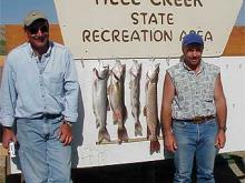 Bill Wisniewski and Mike Hamernik of Johnstown, CO with a 7# lake trout, a 7# walleye, a 4# sauger and a 7# northern pike.