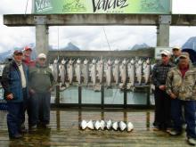Don Childres, Brad Schmitz, myself Bernard Brown, Vic Riggs and Monte Reder with our days catch of Coho Salmon