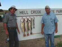 Dean and Don Seifert with the days catch of a 1.5 sauger and 9.1, 9.6, and 10.8 pound walleye..