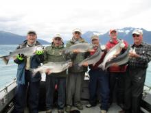 Myself with Don Childress, Vic Riggs Monte Reder, Brad Schmitz and Bernard Brown with our big Coho Salmon of the day.