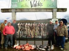 Vic Riggs, myself, Brad Schmitz, Bernard Brown, Don Childress and Monte Reder with out thrid days catch of Ling Cod (hanging) and Black Rockfish (sea bass) and Yelloweyed Rockfish.